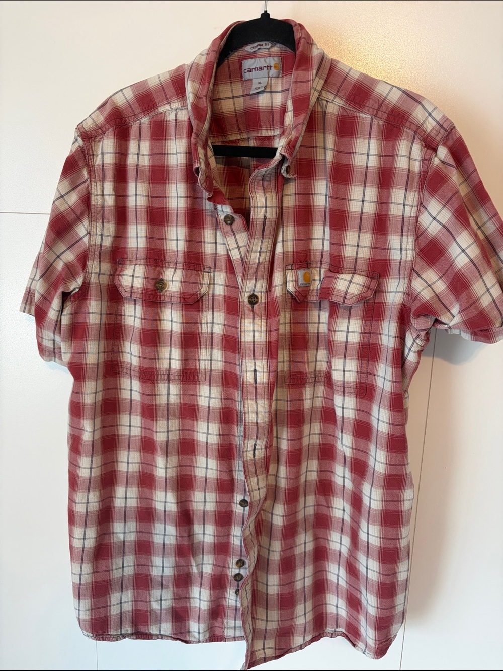 Carhartt Men's Red and Cream Plaid Button-Down Shirt
